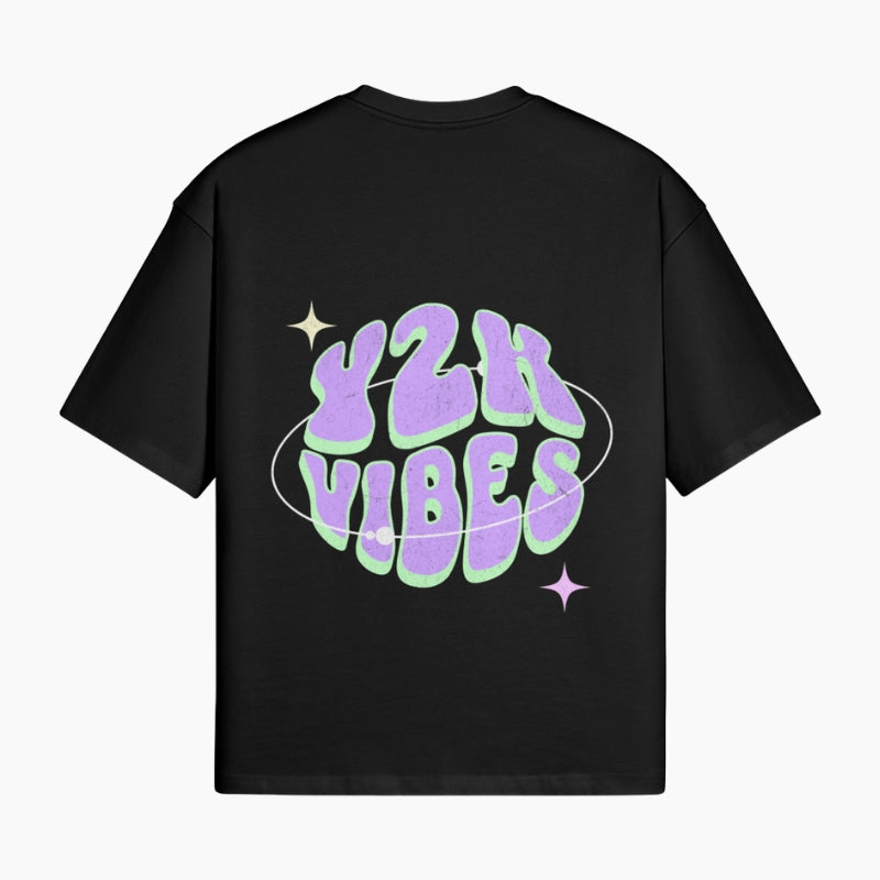 Popstar T-Shirt Y2K Vibes - black boxy tee with bubble lettering Y2K Vibes graphic, worn view