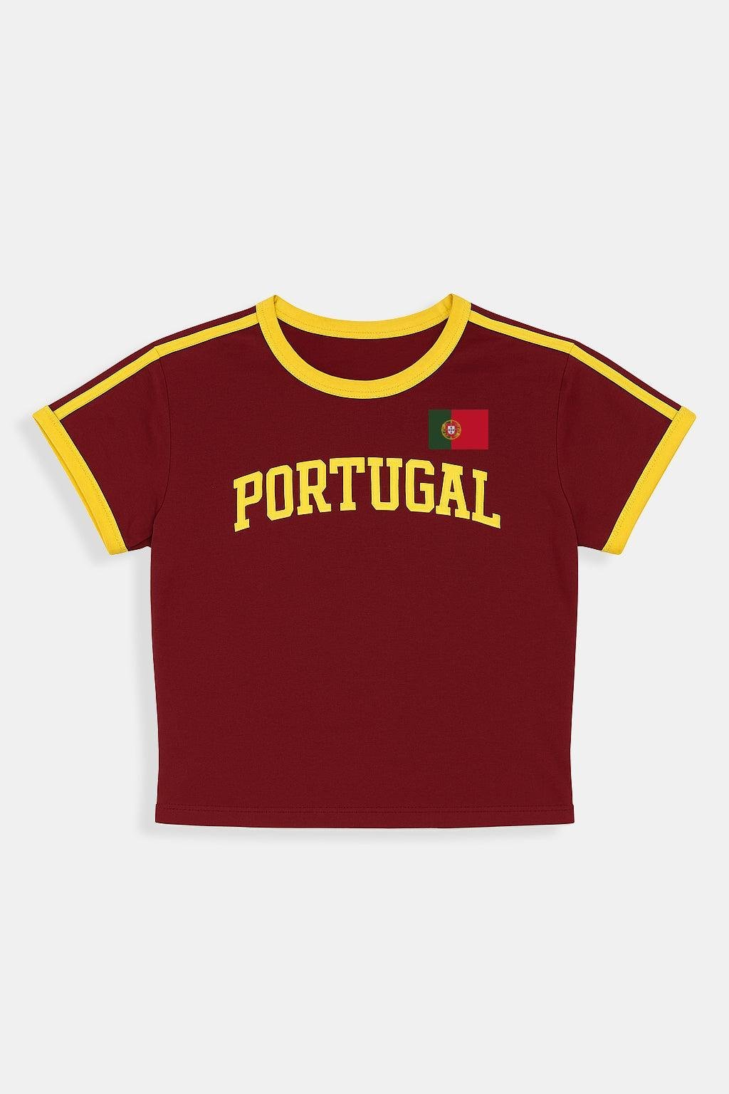 Portugal Crop Top - maroon ringer crop top with gold trim and flag graphic, front view