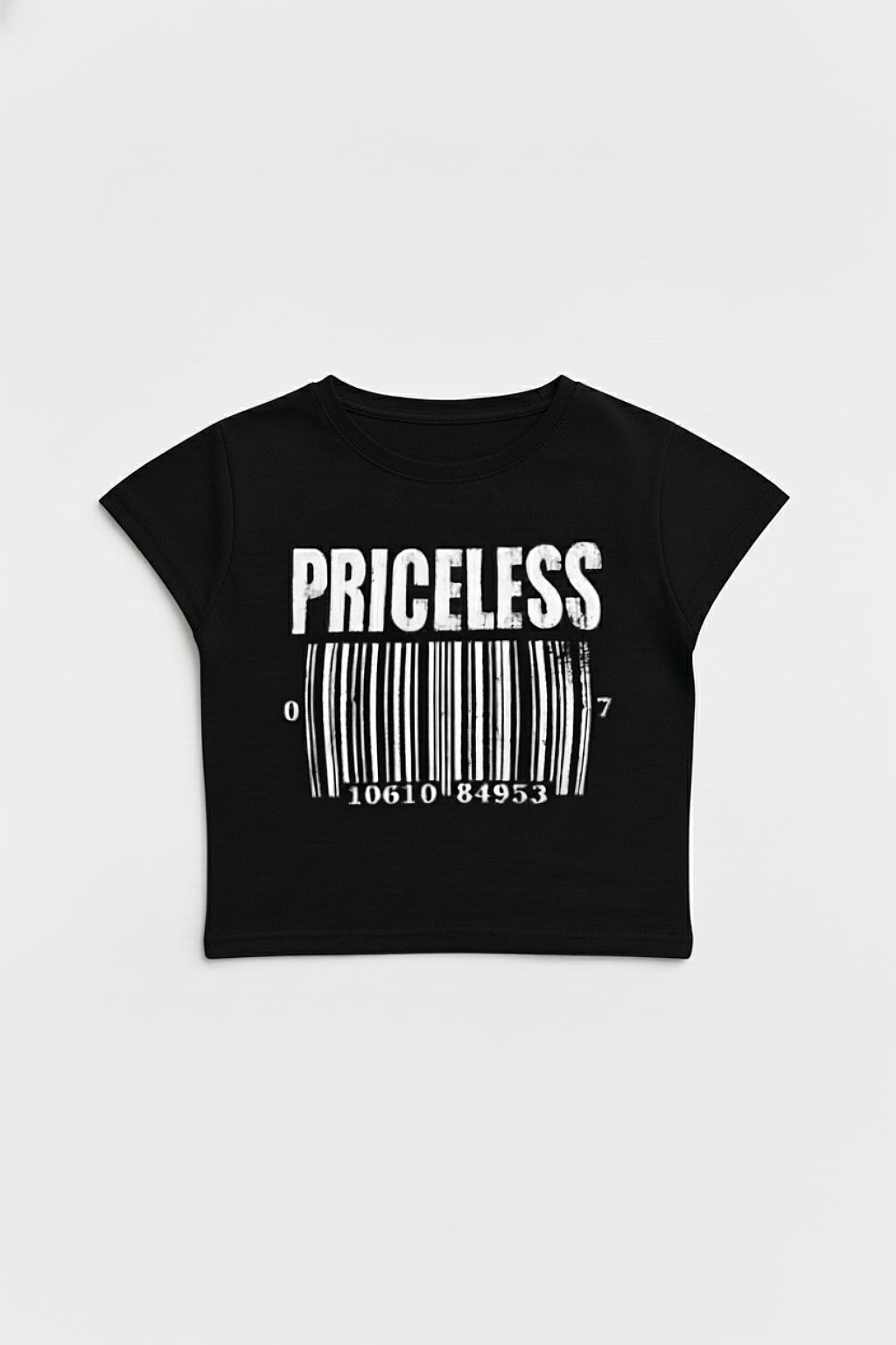 Priceless T Shirt - black cropped t-shirt with Priceless text over barcode graphic, front view