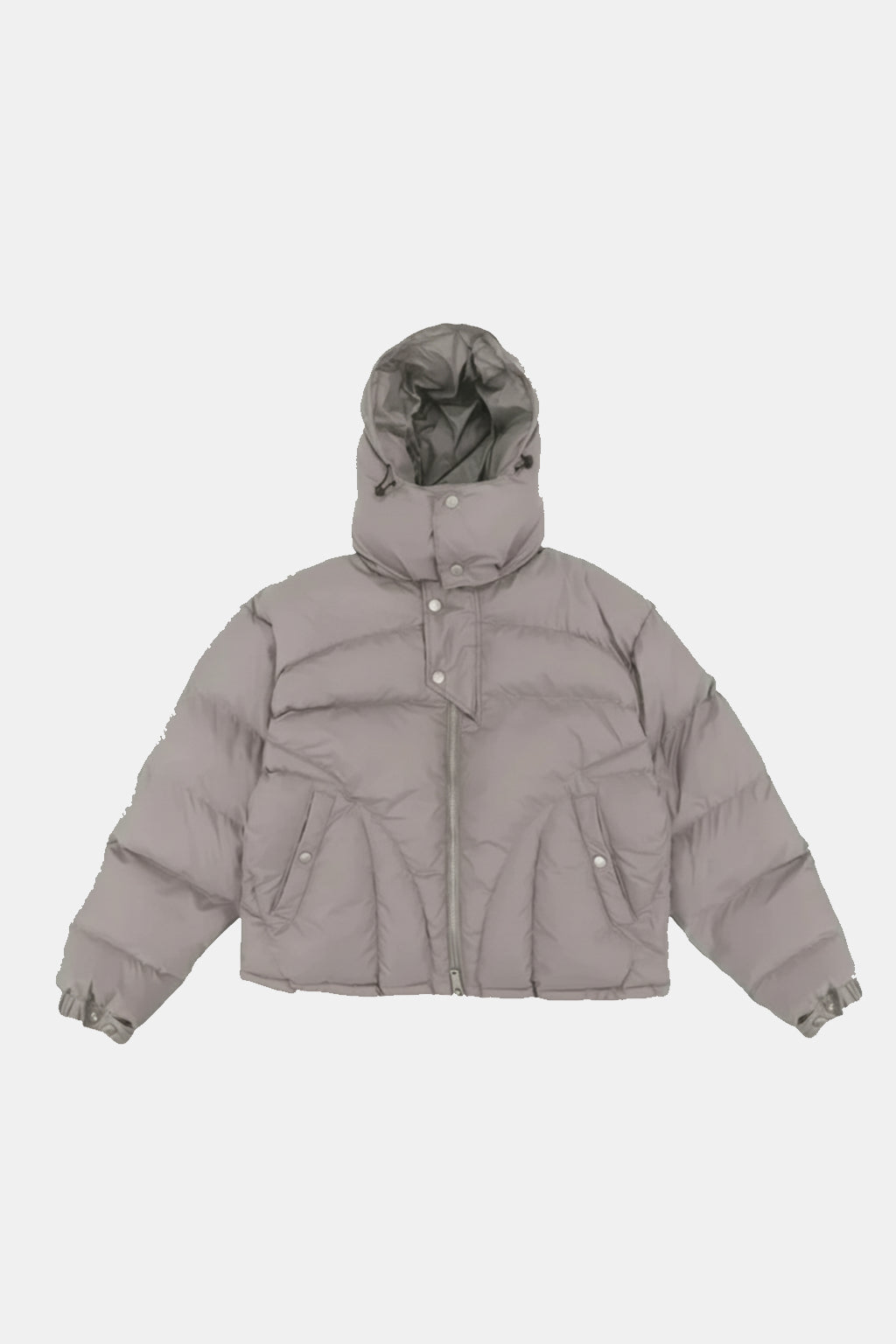 Puffer Jacket Drip - taupe grey oversized puffer with drawstring hood and patch pockets, front view