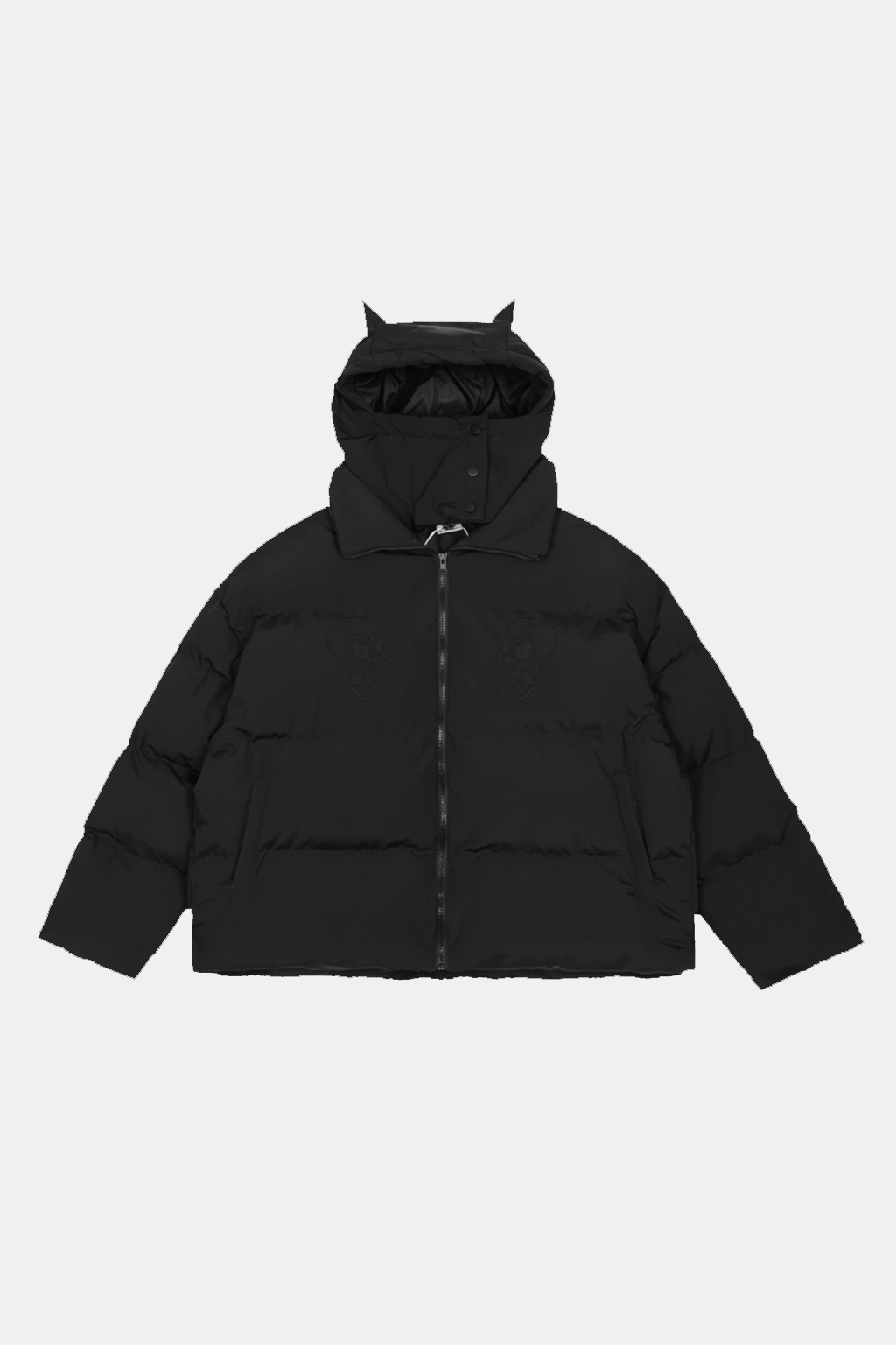 Puffer Jacket With Horn - black puffer with sculpted horn-shaped hood, front view