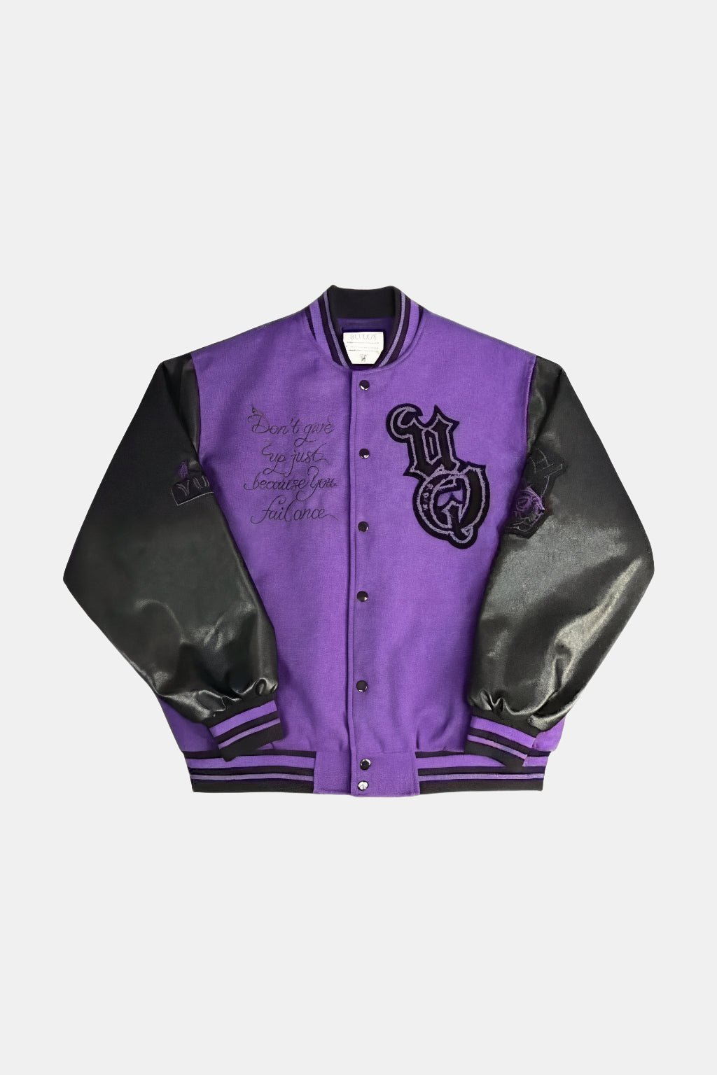 Purple Varsity Jacket - purple and black varsity jacket with embroidered crest emblem, front view