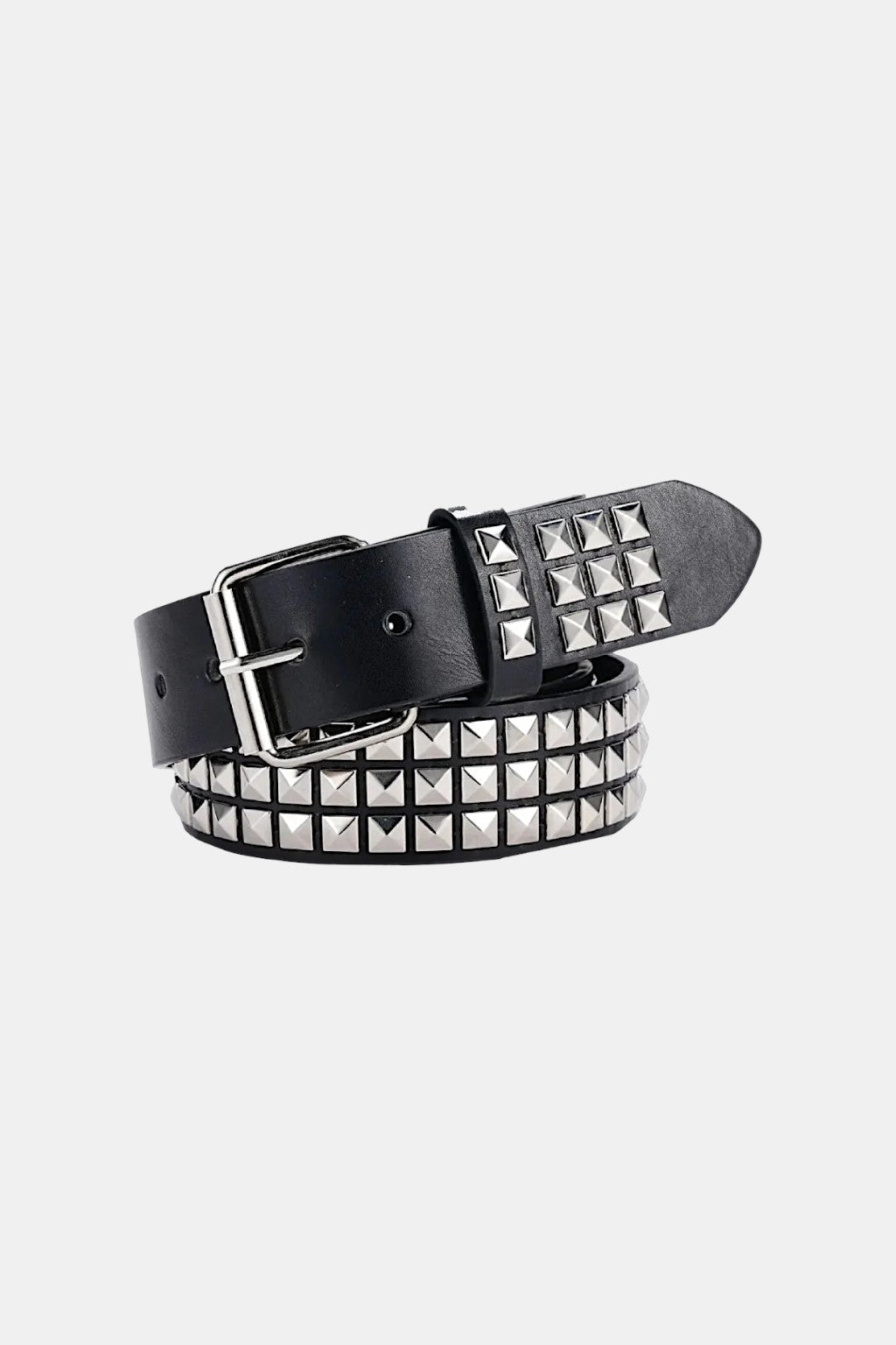 Pyramid Studded Belt - black belt with pyramid studs and matching buckle, front view