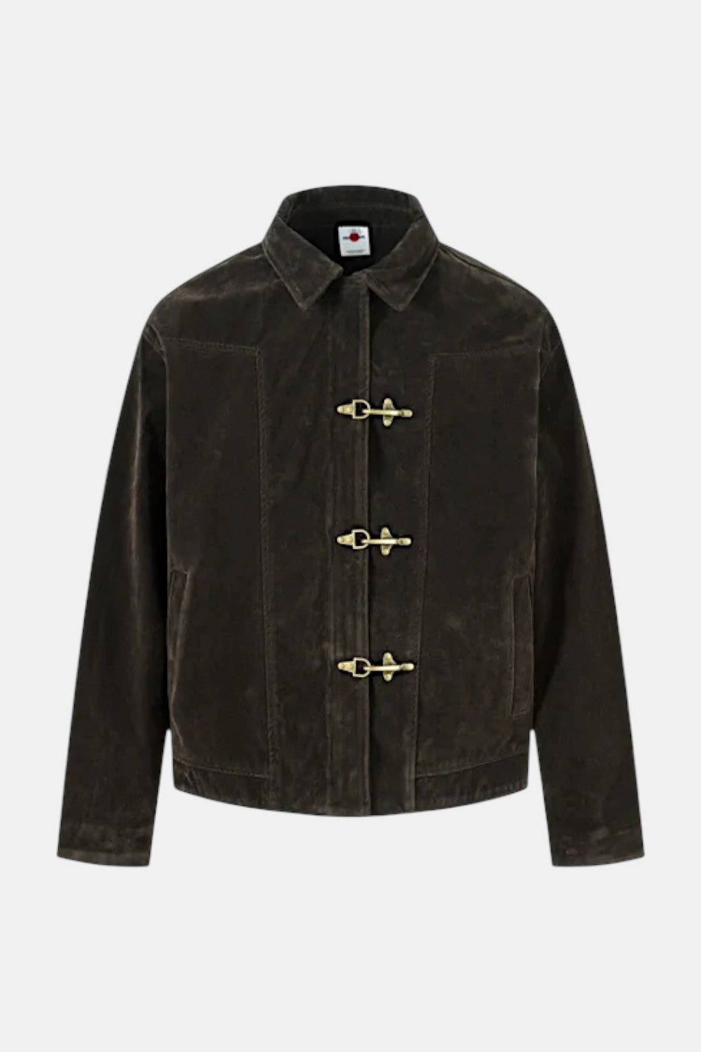 Qipao Jacket - brown suede-look jacket with metal hook clasp closures, front view