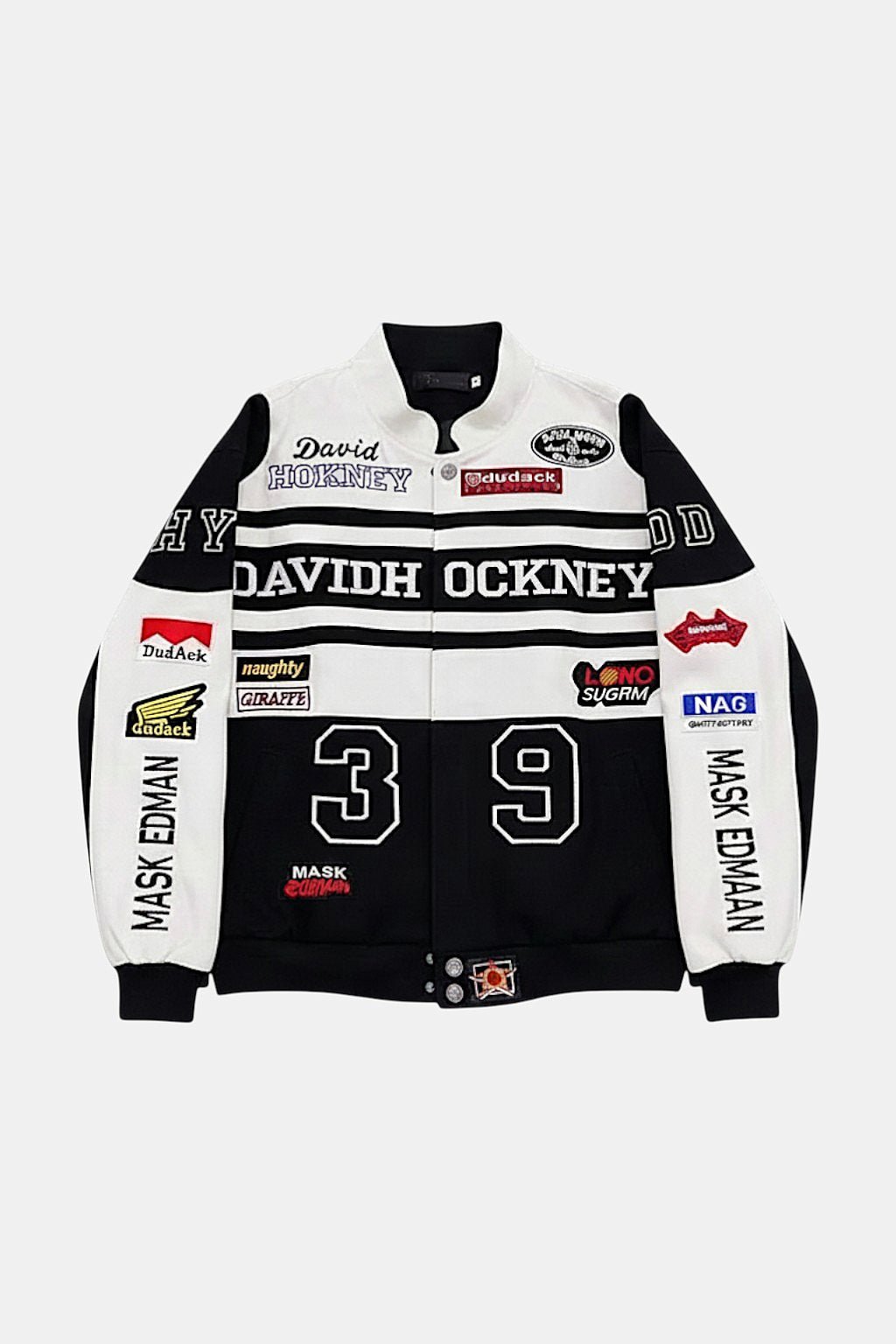 Racing Leather Jacket - white and black racing jacket with sponsor patches and number 39 graphic, front view
