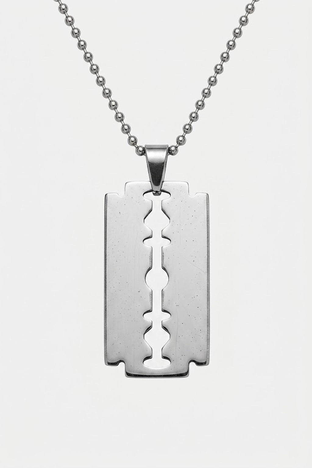 Razor Blade Necklace - silver razor blade pendant on ball chain, front view