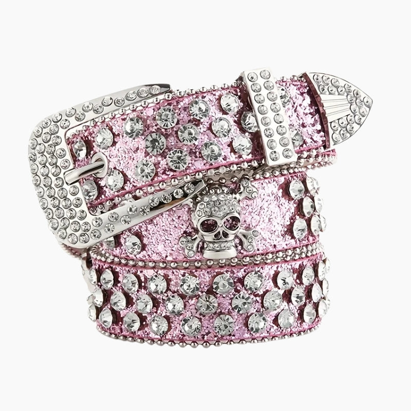 Retro Belt Bling Icon - pink glitter belt with crystal buckle, front view