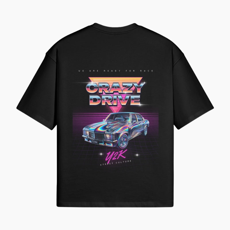 Retro-Futuristic T-Shirt Crazy Drive - black boxy tee with synthwave car and neon grid graphic, worn view