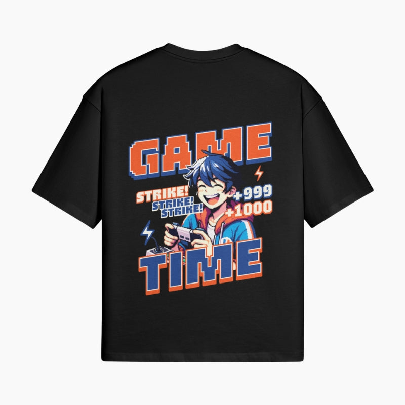 Retro Gaming T-Shirt Game Time - black boxy tee with Game Time graphic and arcade score HUD, worn view