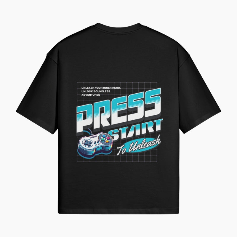 Retro Gaming T-Shirt Press Start - black boxy tee with game controller graphic and Press Start lettering, worn view
