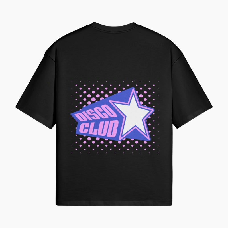 Retro Pop T-Shirt Disco Club - black boxy tee with star badge Disco Club graphic on polka dot background, worn view