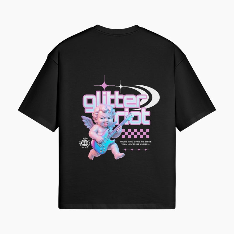 Retro Pop T-Shirt Glitter Riot - black boxy tee with cherub character graphic and Glitter Riot lettering, worn view