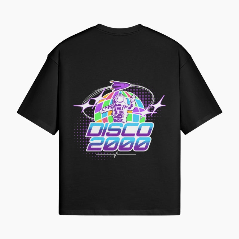 Retro T-Shirt Disco 2000 - black boxy tee with disco ball graphic on synthwave grid, worn view