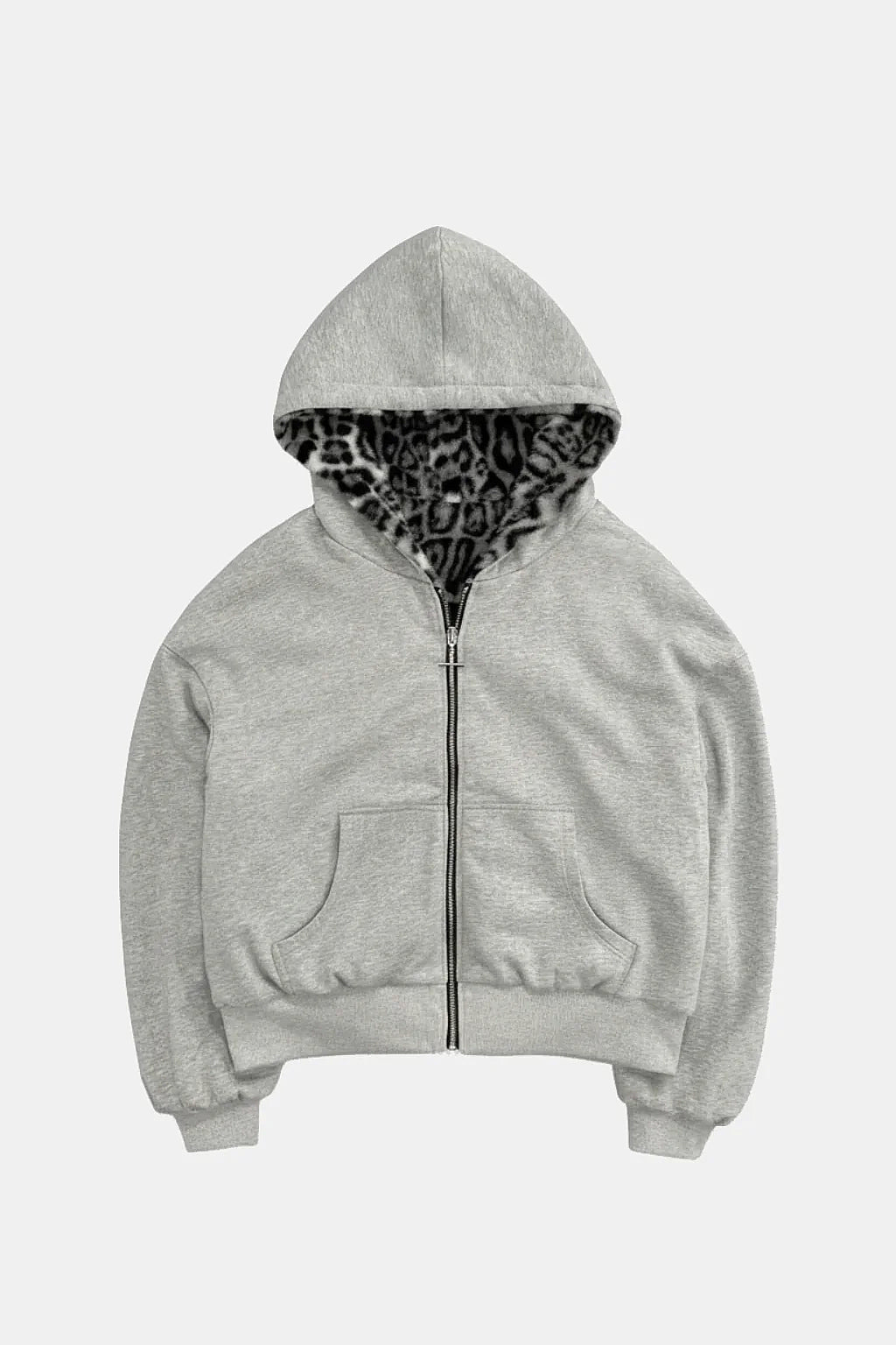 Reversible Leopard Jacket - grey hooded jacket with hidden leopard print lining in hood, front view