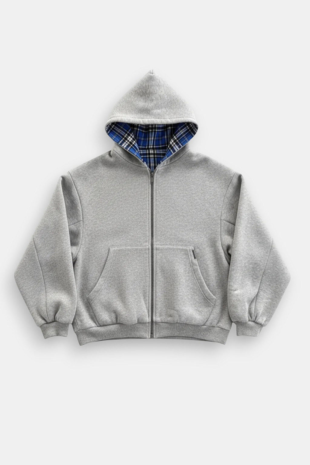 Reversible Plaid Jacket - grey hooded jacket with hidden plaid lining in hood, front view