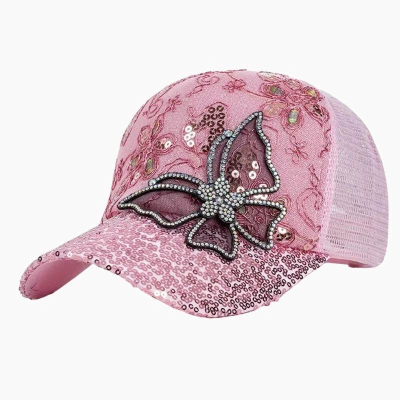 Rhinestone Baseball Cap - pink cap with rhinestone butterfly embellishment, front view