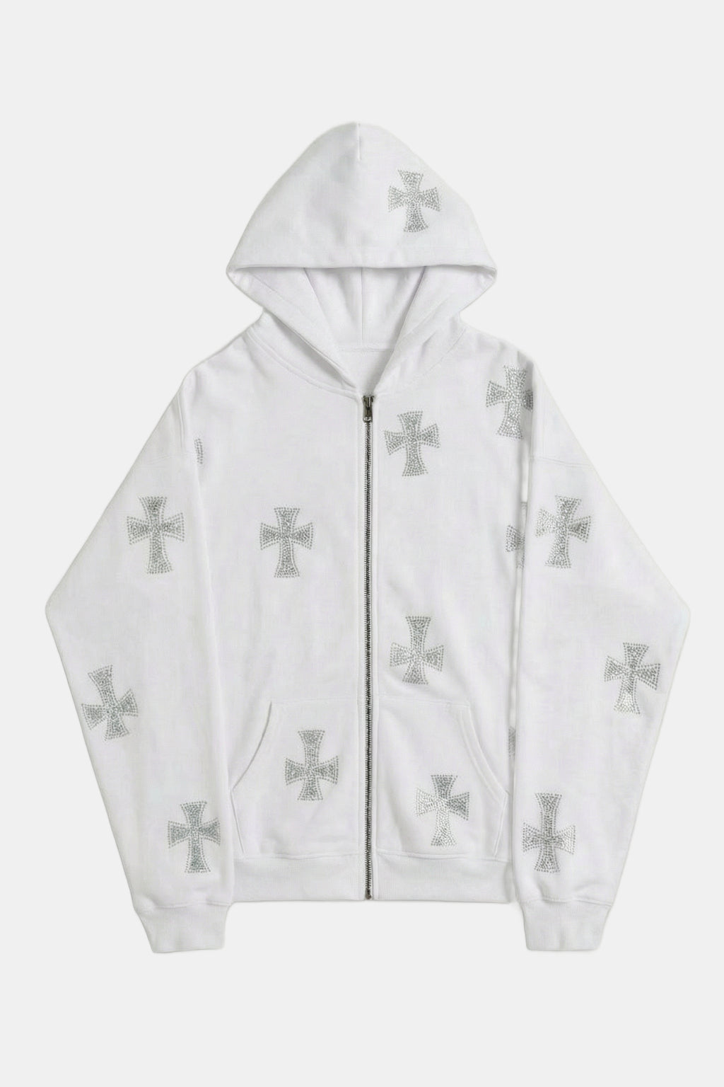 Rhinestone Cross Sweatshirt - white zip hoodie with scattered rhinestone cross pattern, front view