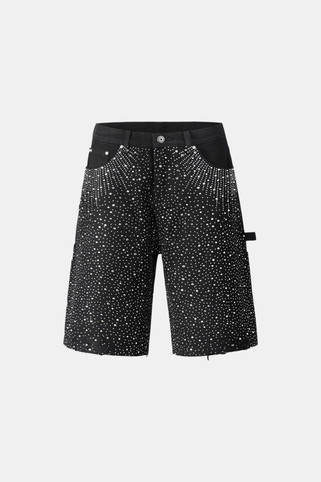 Rhinestone Jorts - black shorts with diagonal rhinestone gradient, front view