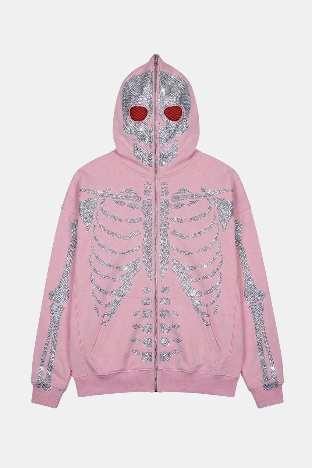 Rhinestone Skeleton Hoodie - pink zip hoodie with full rhinestone skeleton graphic, front view