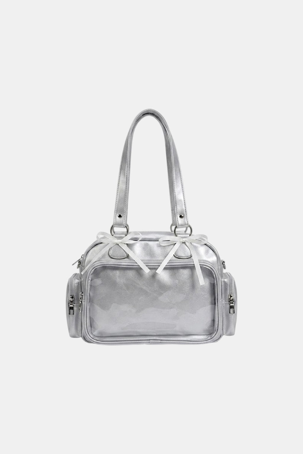 Ribbon Bag - silver metallic structured handbag with bow detail, front view