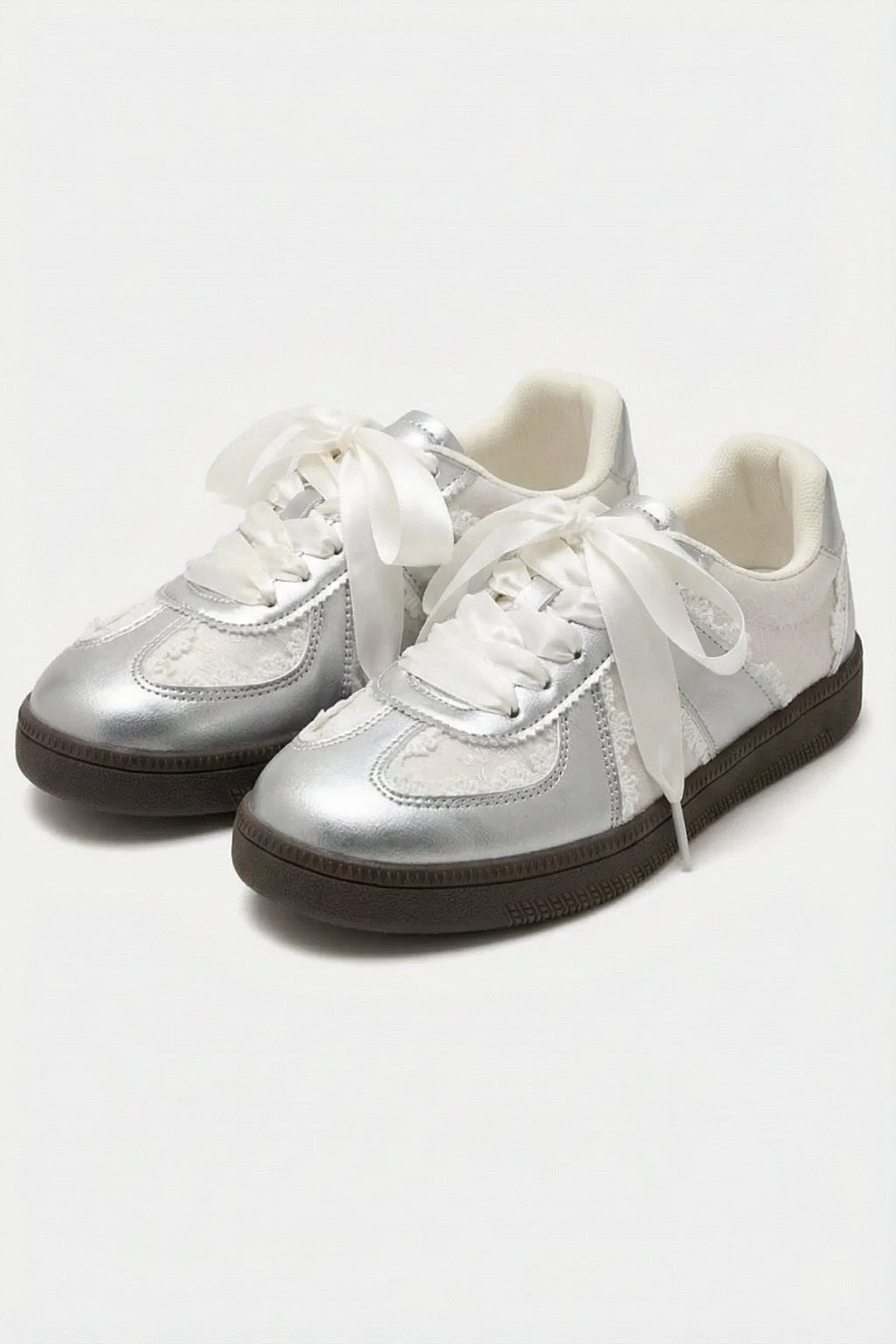 Ribbon Lace Shoe - silver metallic sneakers with satin ribbon laces, front view
