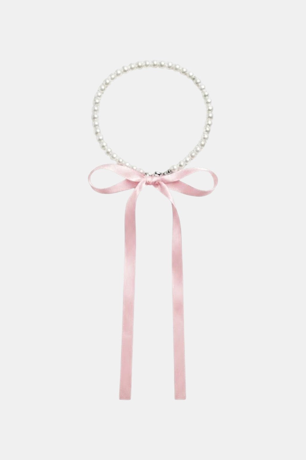 Ribbon Necklace - pearl bead choker with ribbon bow closure, front view