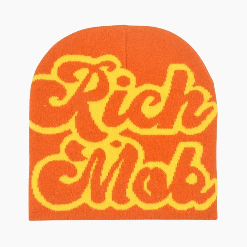 Rich Mob Beanie - orange beanie with gradient script wordmark graphic, front view