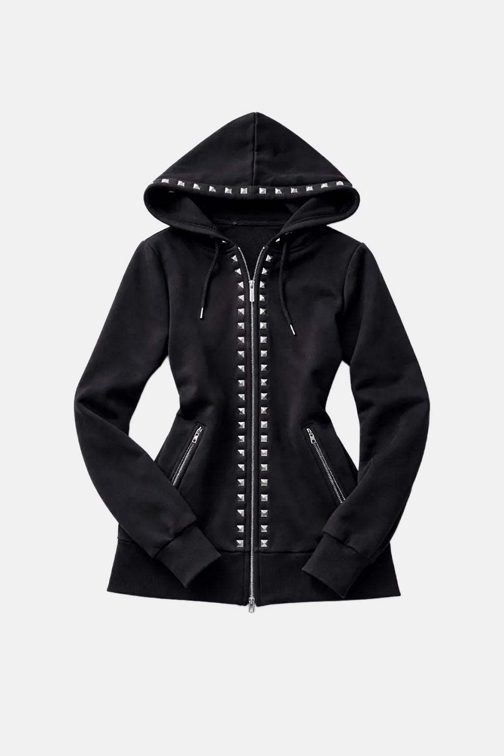 Rivet Jacket - black hooded jacket with silver studs along hood edge and zip, front view