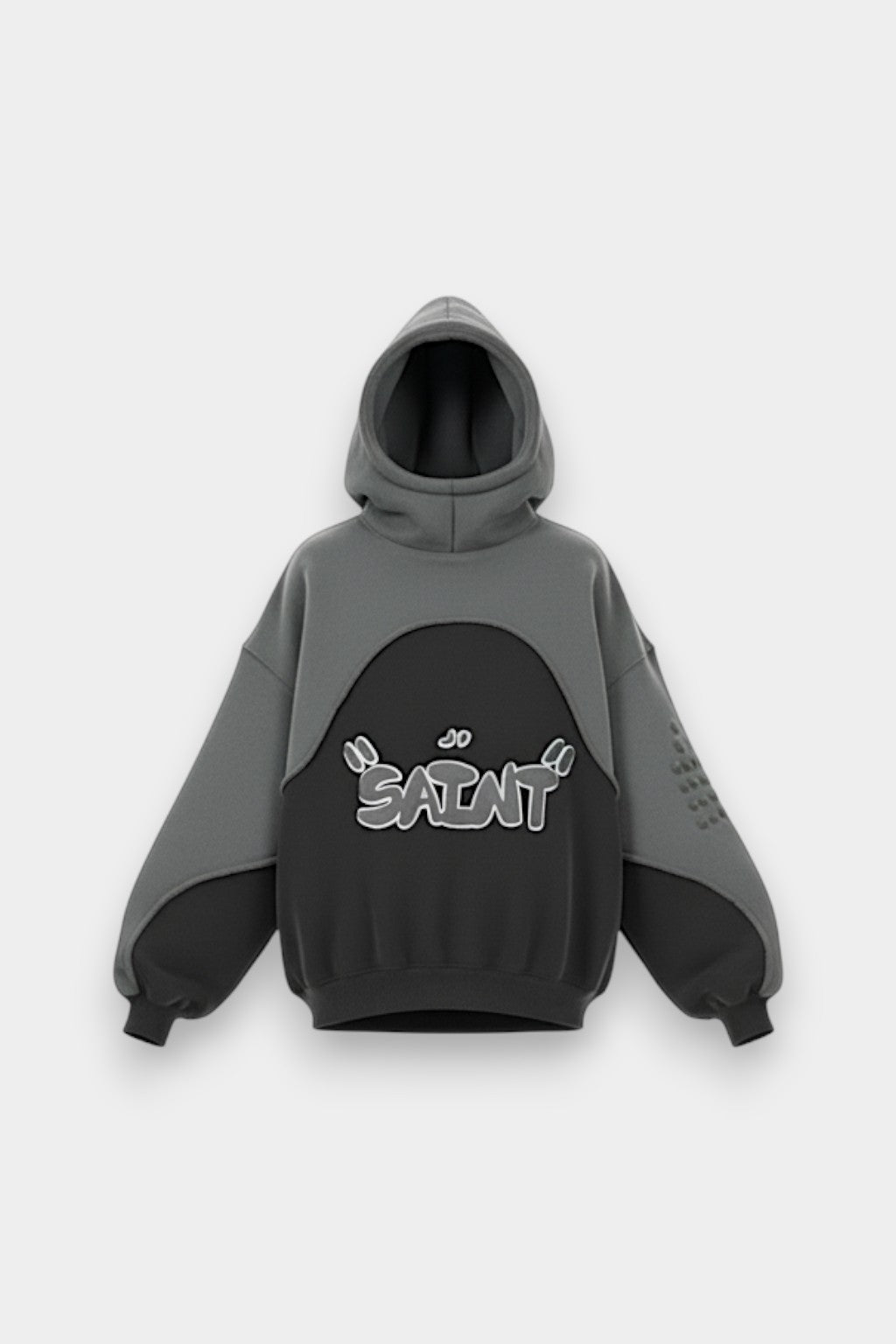 Saint Hoodie - grey and black colour blocked hoodie with Saint graphic, front view