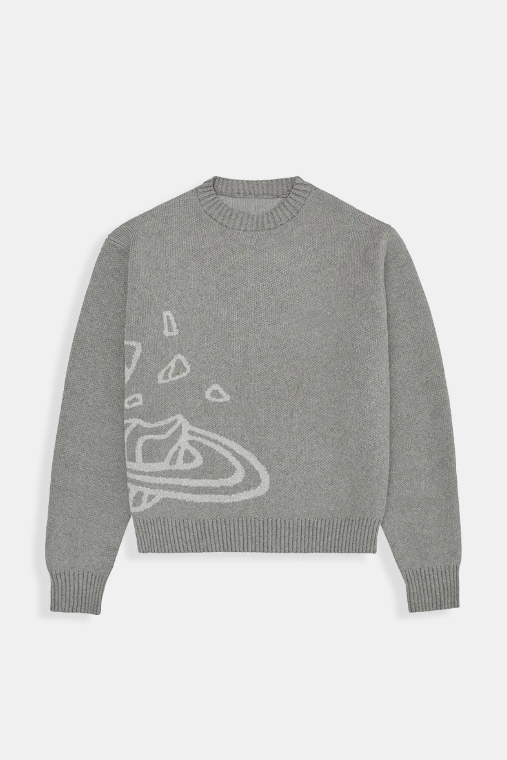 Saturn Doodle Sweater - olive crewneck sweater with hand drawn Saturn doodle graphic, front view