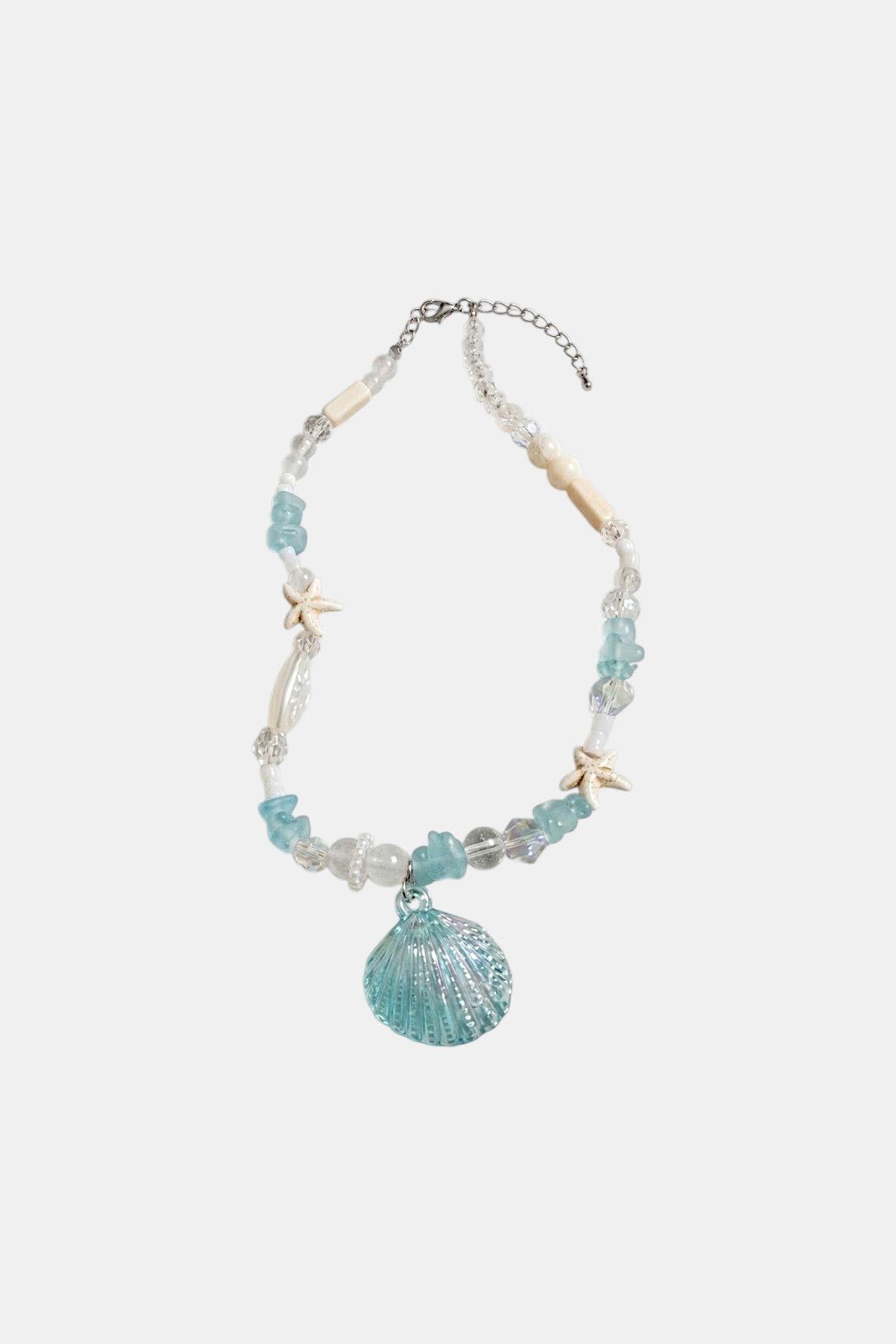 Seashell Necklace - beaded shell necklace with shell pendant, front view