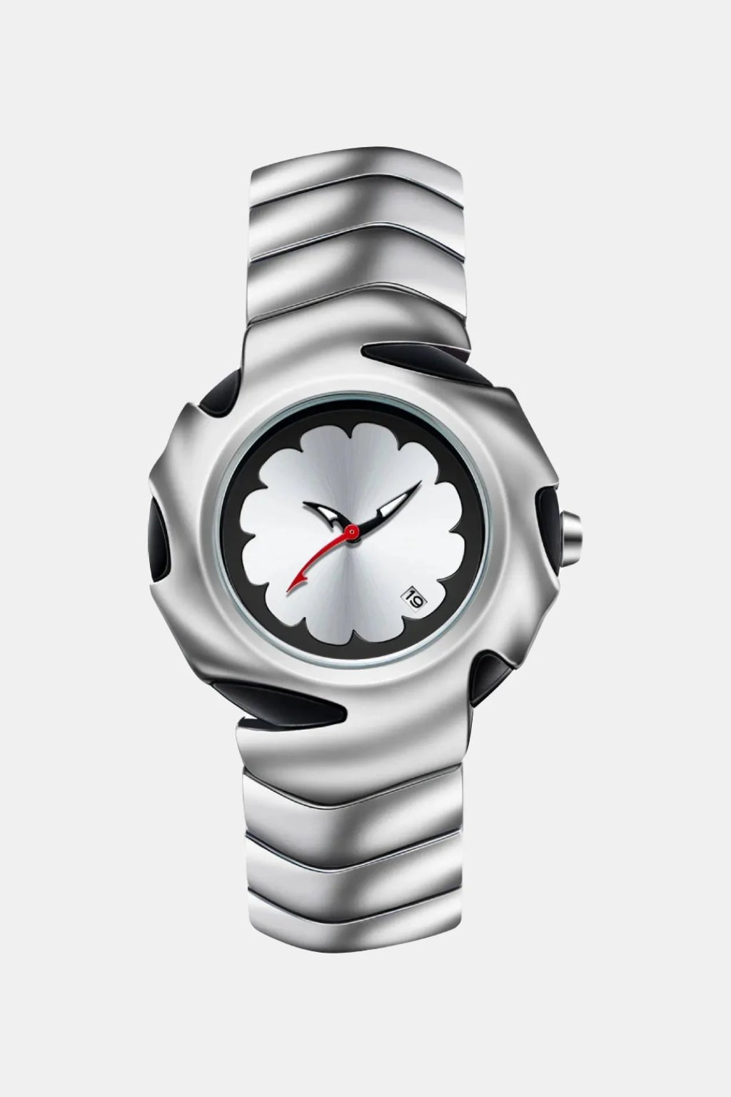 Shark Watch - silver sculpted wave case watch with floral dial, front view