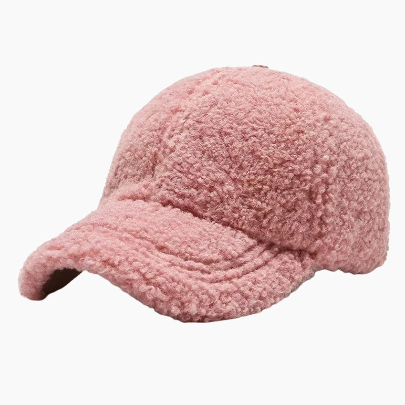 Sherpa Cap - pink plush sherpa fleece baseball cap, front view