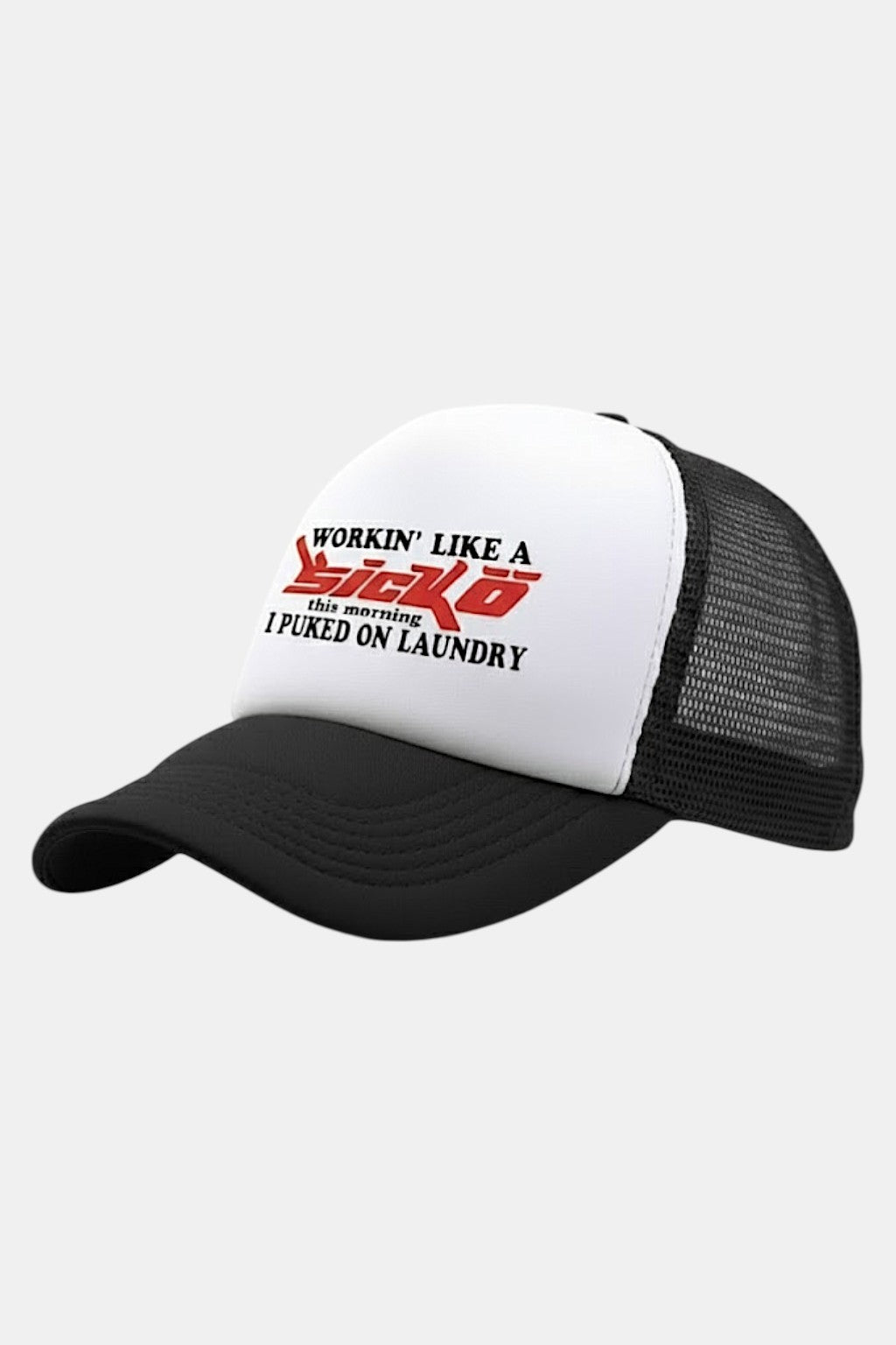 Sicko Cap - white and black mesh trucker cap with text graphic, front view