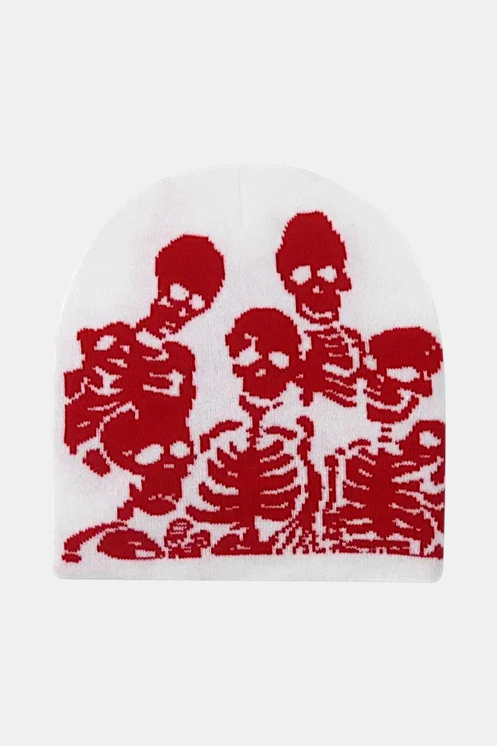 Skeleton Beanie - white beanie with clustered red skeleton figures, front view