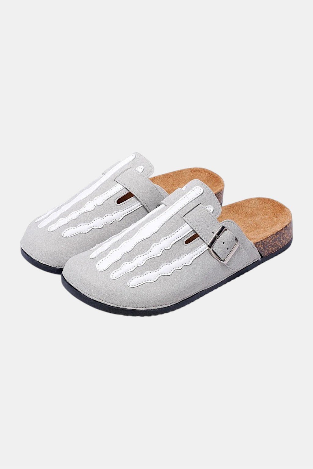 Skeleton Clogs - grey clogs with sculpted bone shaped buckle straps, front view