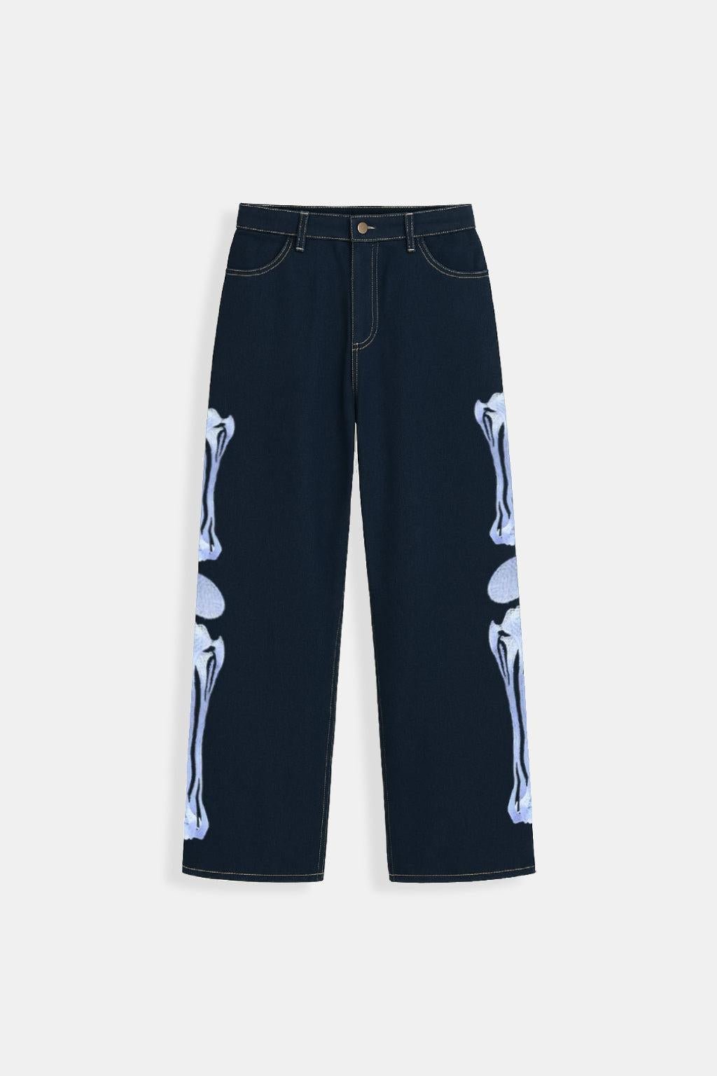 Skeleton Jeans - navy jeans with fine line bone graphic, front view