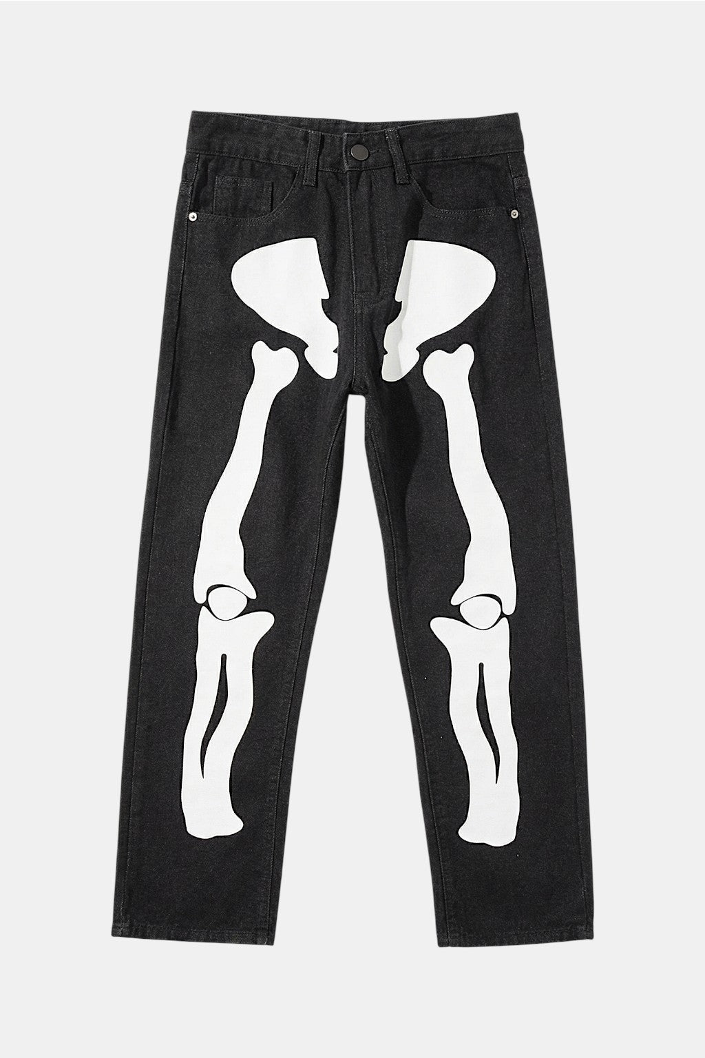Skeleton Pants - black denim jeans with leg bone print graphic, front view