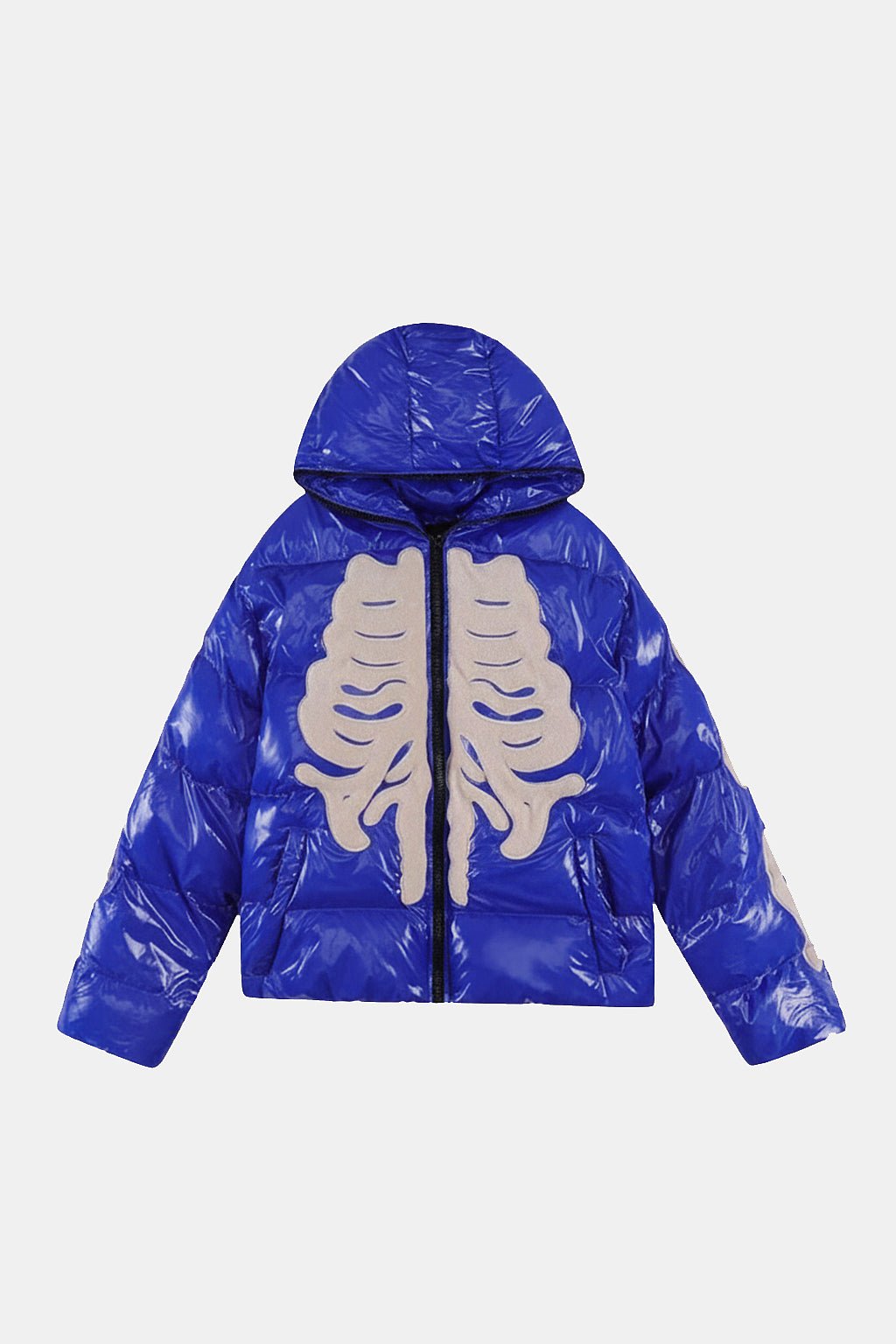 Skeleton Puffer Jacket - electric blue fitted puffer with white ribcage graphic print, front view