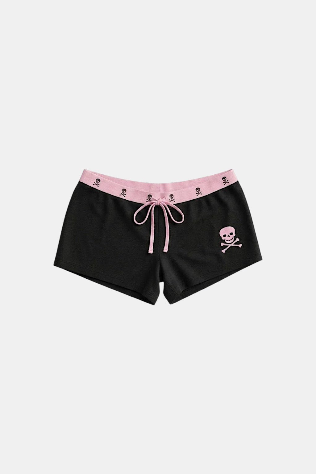 Skeleton Shorty - black shorts with pink waistband and skull patch, front view