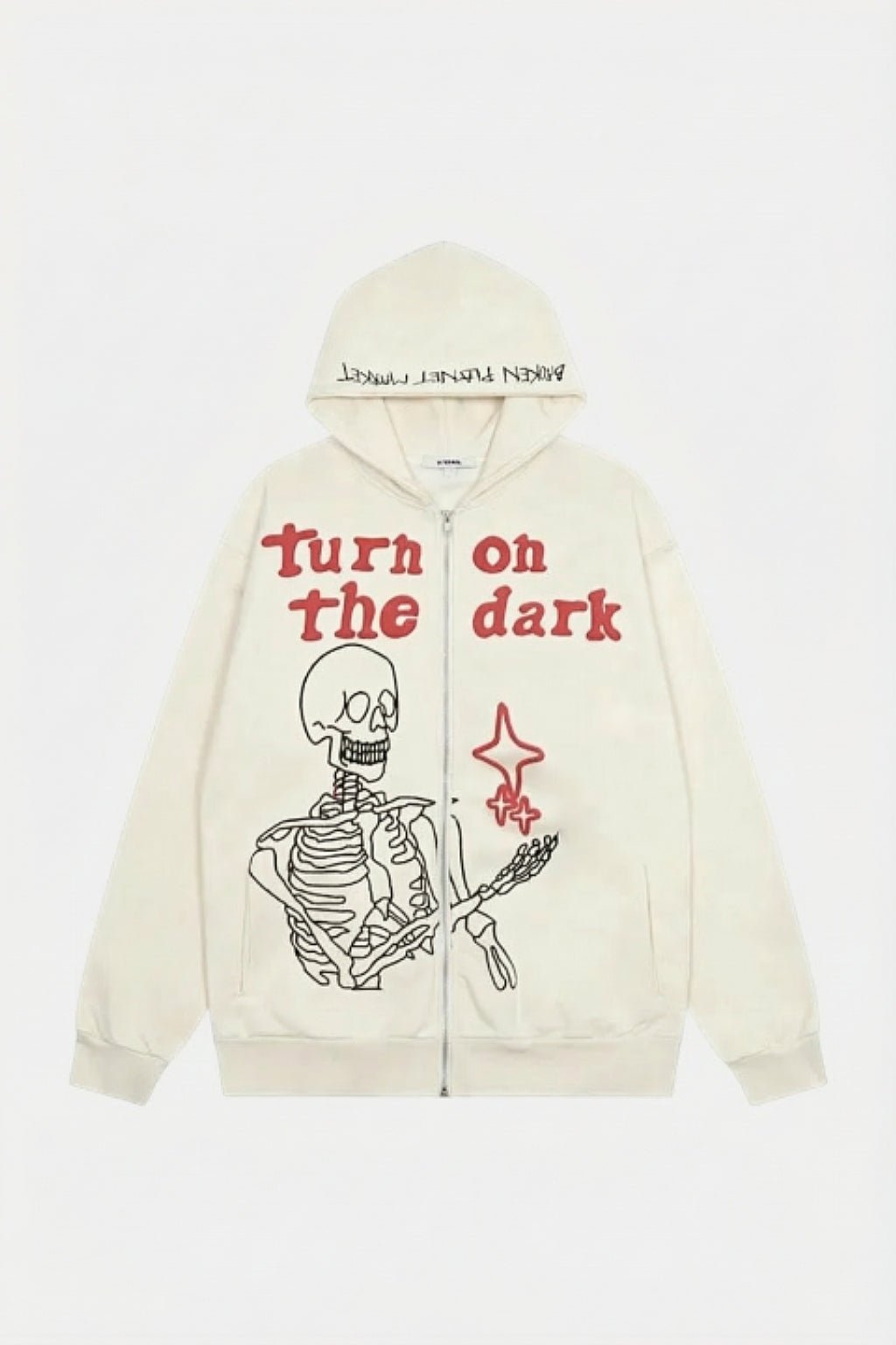 Skeleton Sweater - cream zip hoodie with guitar playing skeleton graphic, front view