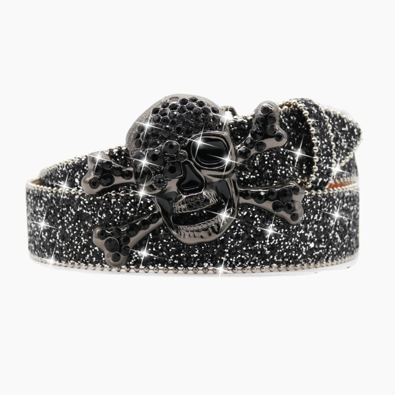 Skull Belt Legacy - black glitter belt with clustered crystal skull buckle, front view
