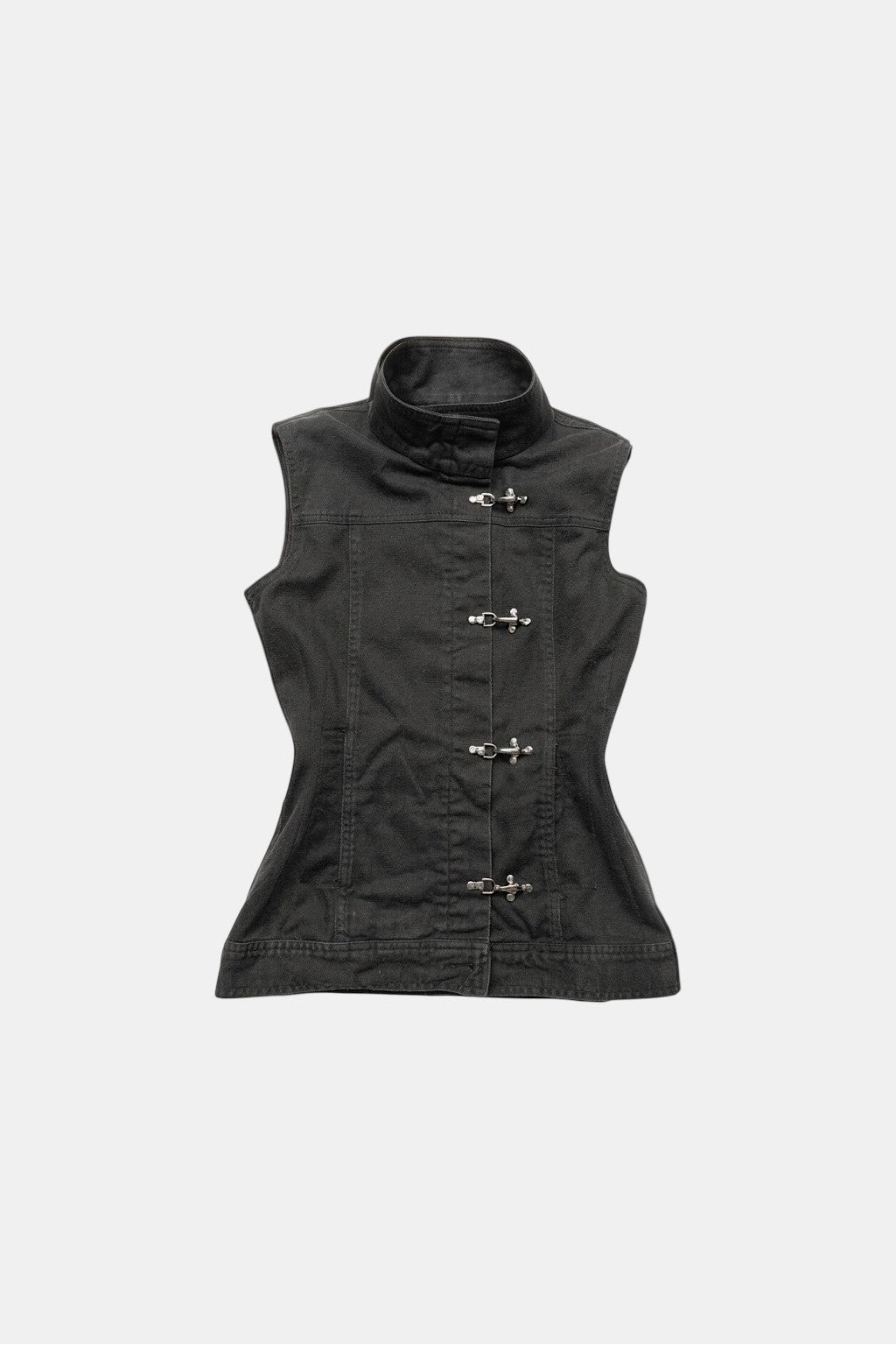 Sleeveless Denim Vest - black structured denim vest with metal hook clasps, front view