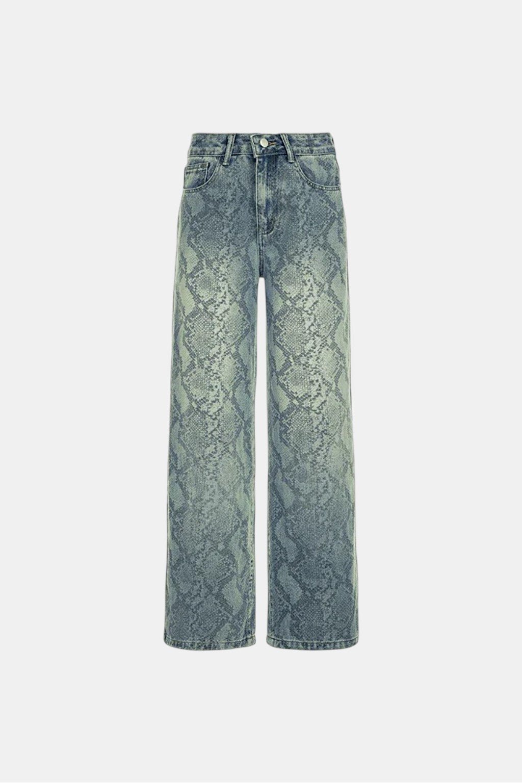 Snake Print Jeans - sage grey wide leg jeans with python print, front view