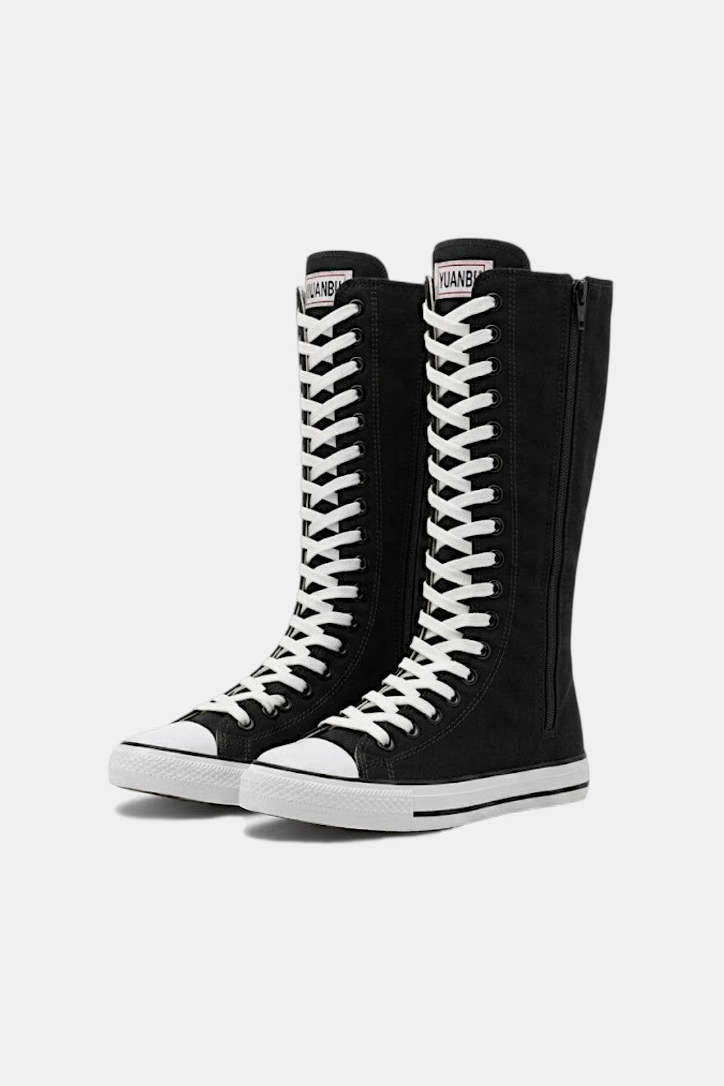 Sneaker Boot - black and white knee high canvas sneaker boot, front view