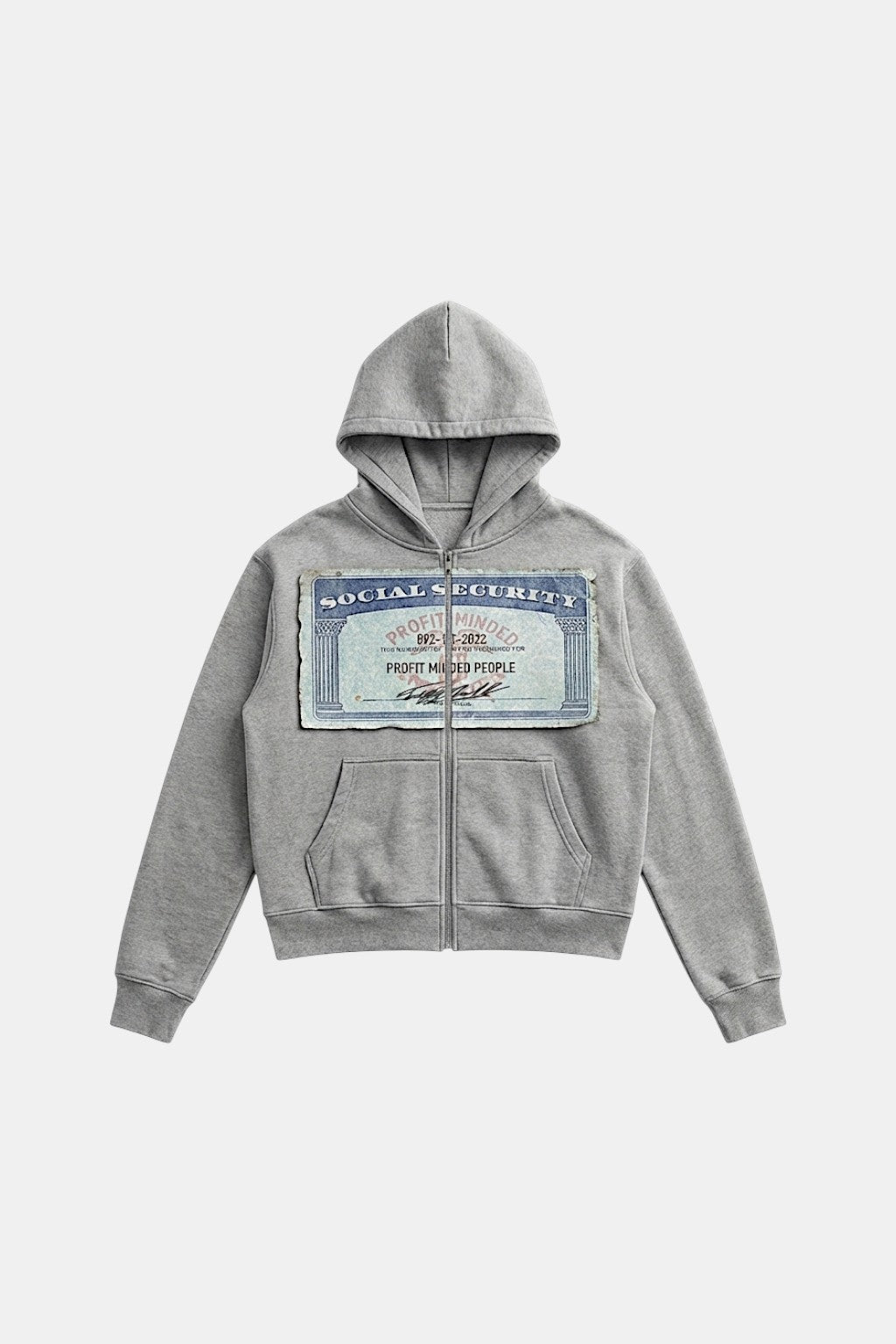 Social Security Sweater - grey zip hoodie with distressed document style graphic, front view