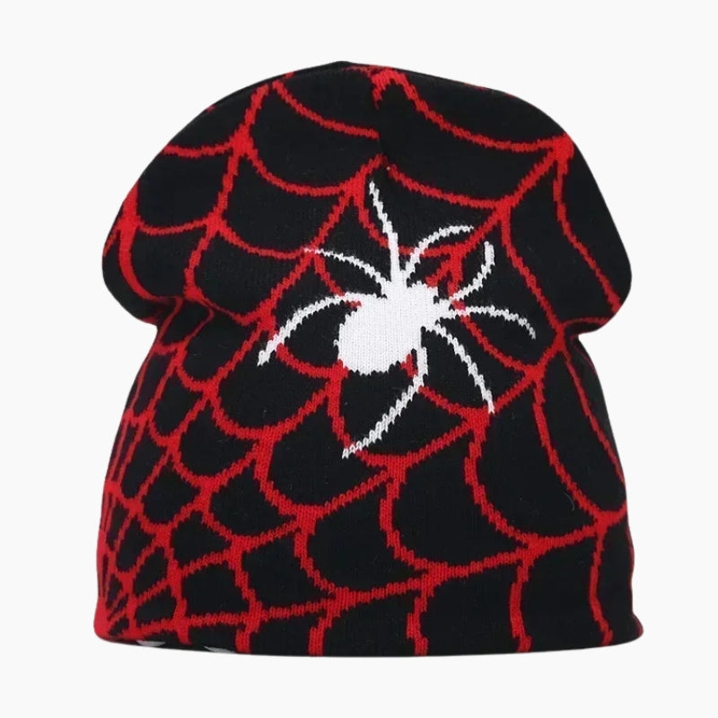 Spider Beanie - black beanie with red spider and web graphic, front view