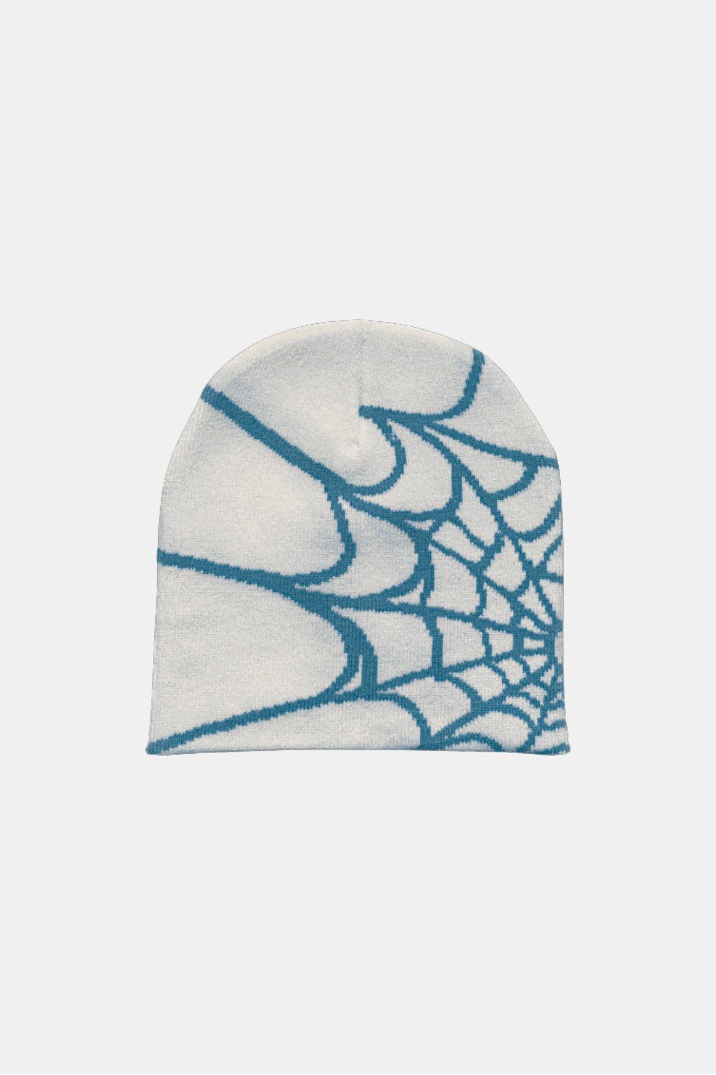 Spider Web Beanie - white beanie with teal web linework graphic, front view