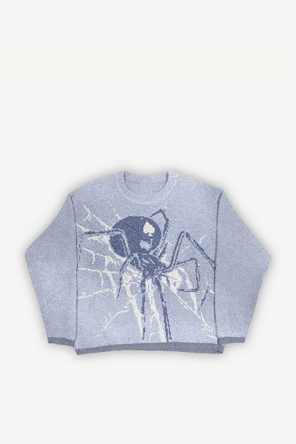 Spiderweb Sweater - blue crewneck sweater with spider and web graphic, front view