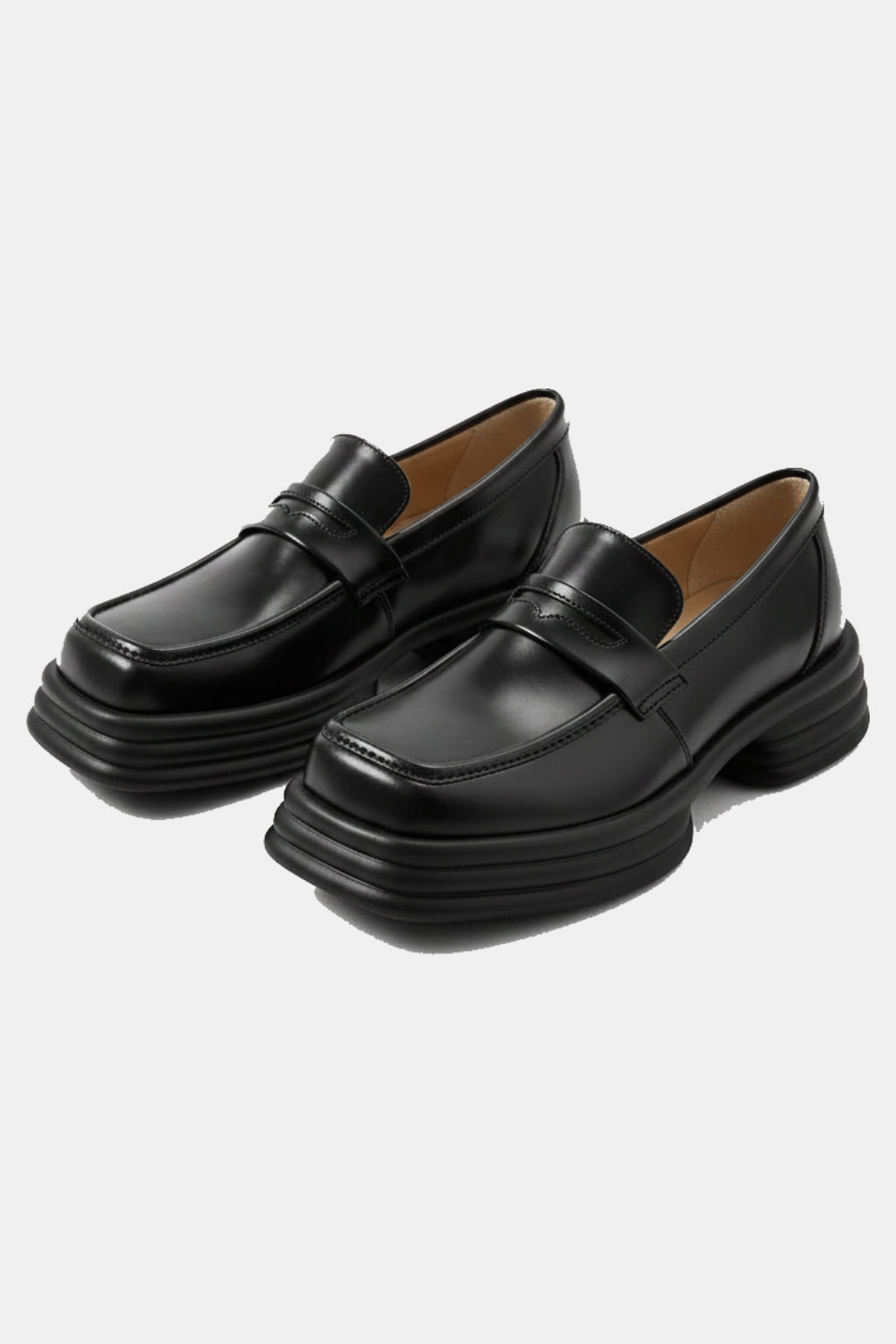 Square Toe Moccasins - black square toe moccasins with chunky sole, front view